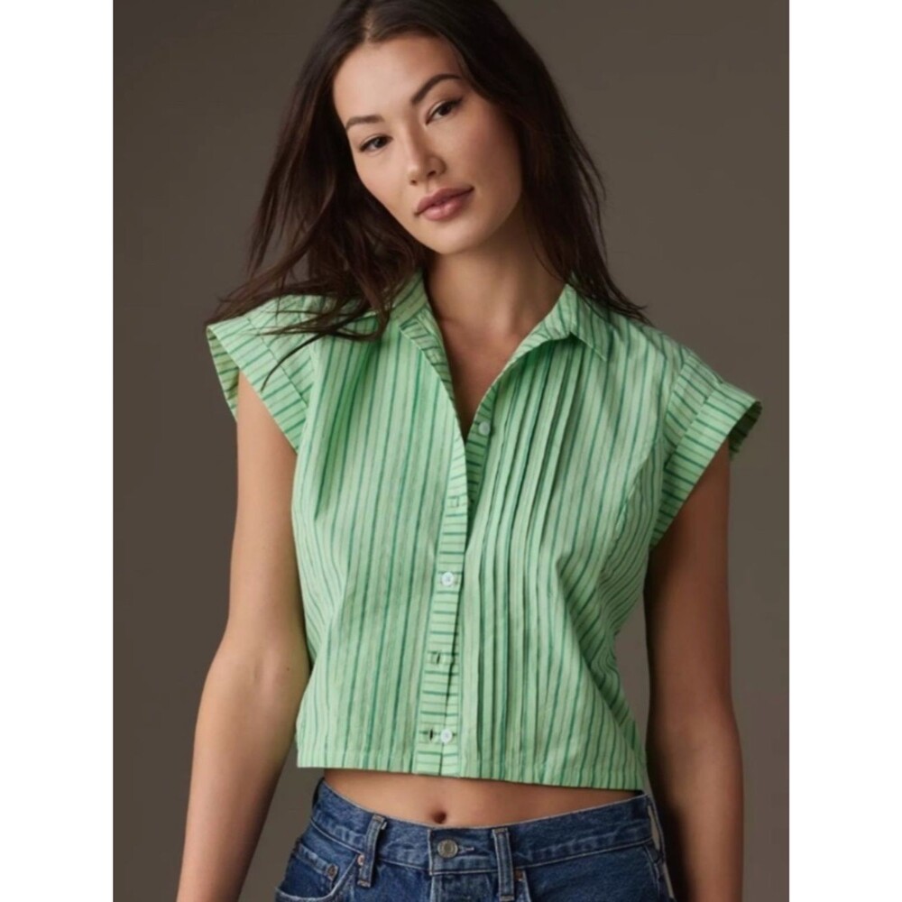 Maeve Collared Shrunken Button Down Blouse in Green Striped Size Large